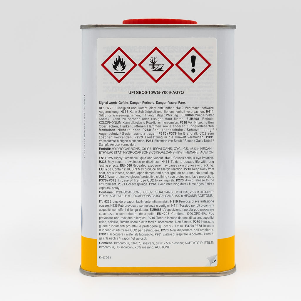 Gefahrensymbole des K-Flex K467 Klebers auf 2,5L Kanister