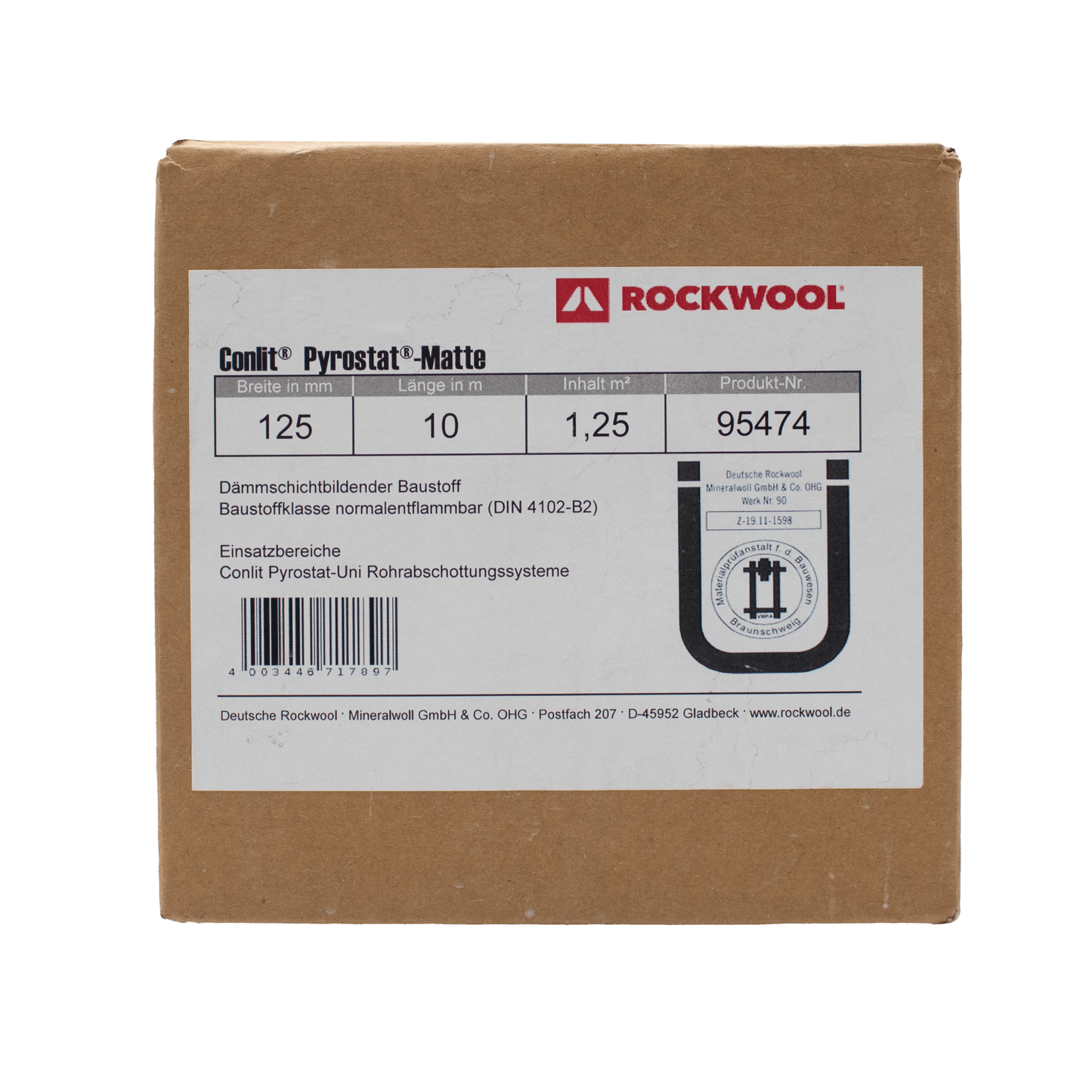 Verpackung mit Label der Rockwool Conlit Pyrostat Uni Brandschutzbandage
