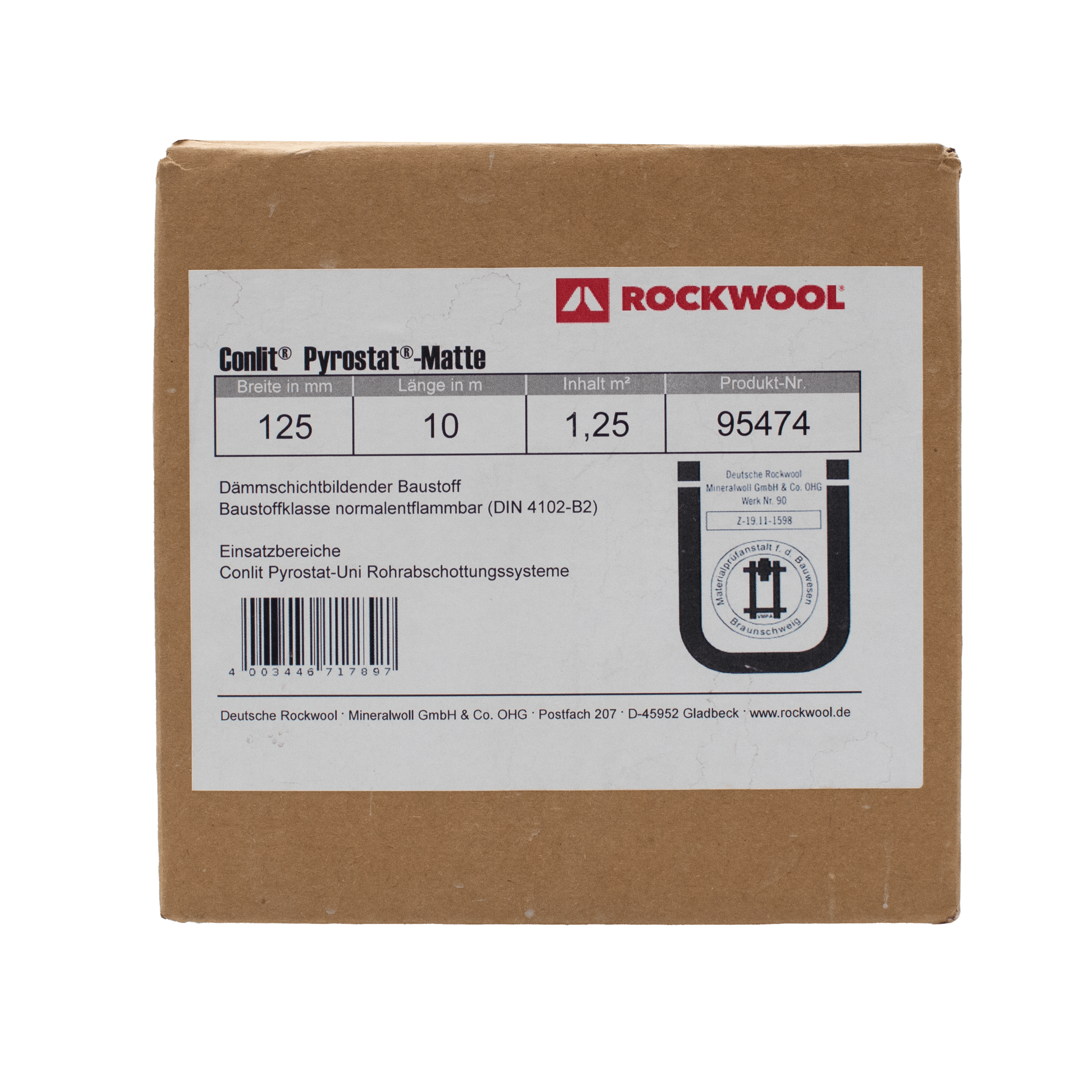 Verpackung mit Label der Rockwool Conlit Pyrostat Uni Brandschutzbandage