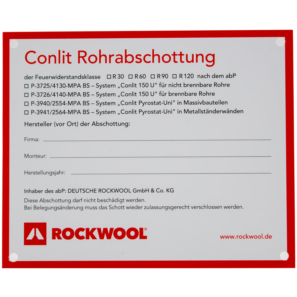 Kennzeichnungsschild Rockwool Conlit Rohrabschottung